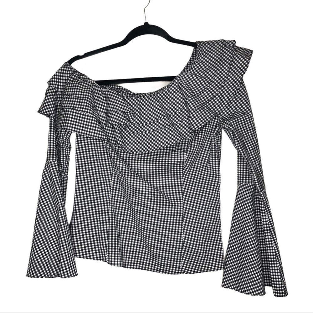 Scripted Black White Gingham Ruffle Off Shoulder Bell Sleeve Top Size S